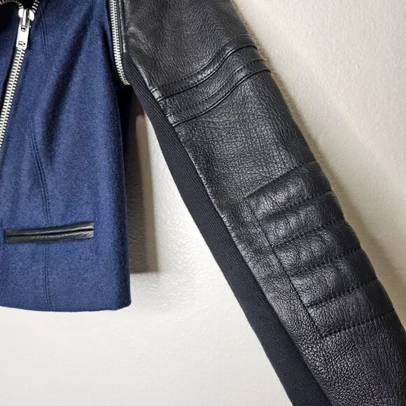 Yigal Azrouel Size 6 Blue Black Wool Lambs Leather Moto Jacket Asymmetric Zip